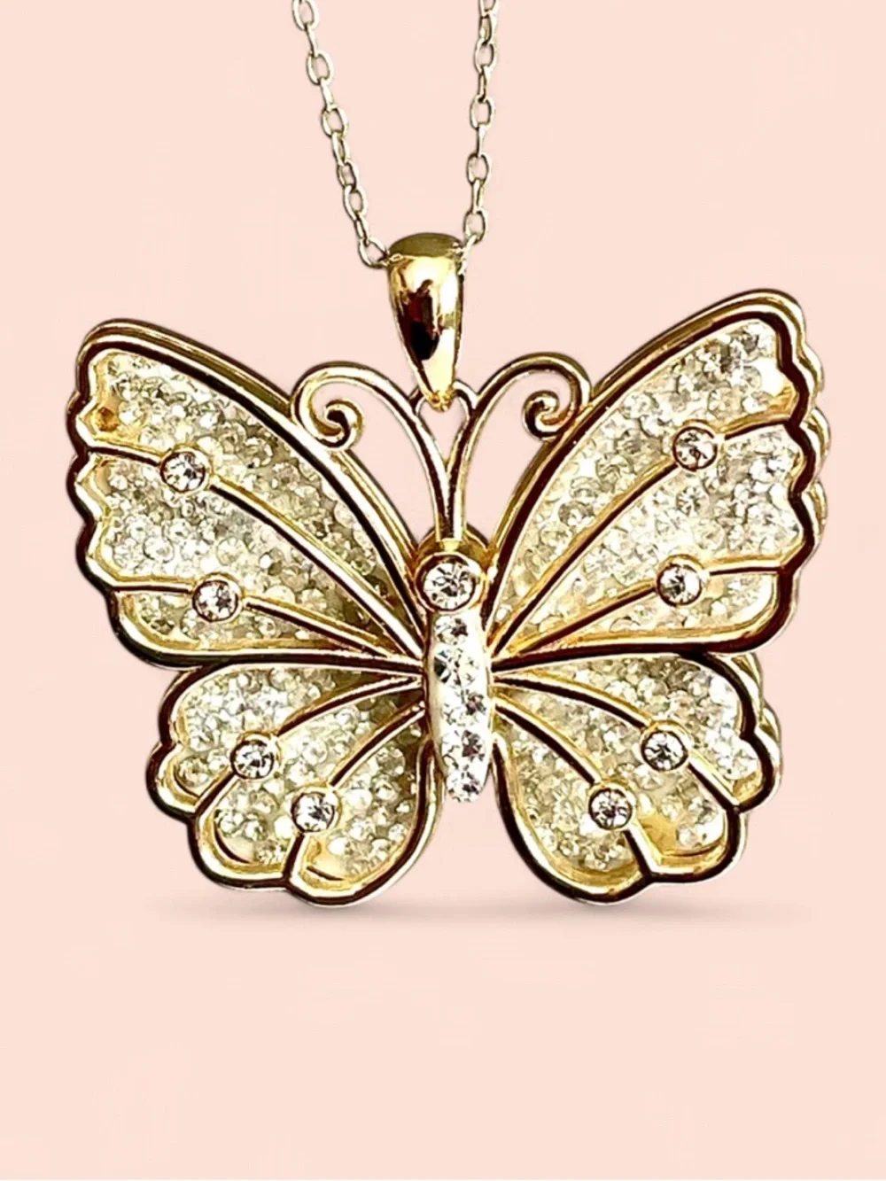 Jacmel Mauritius JCM Butterfly Necklace 925 Sterling Silver CZ Gold Overlay Pavé - Picture 3 of 9